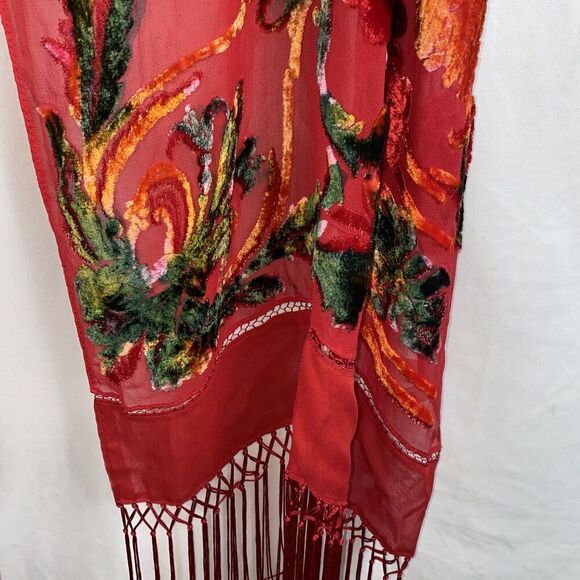 Chico's Red Silk Burnout Fringe Metallic Scarf - Picture 7 of 10